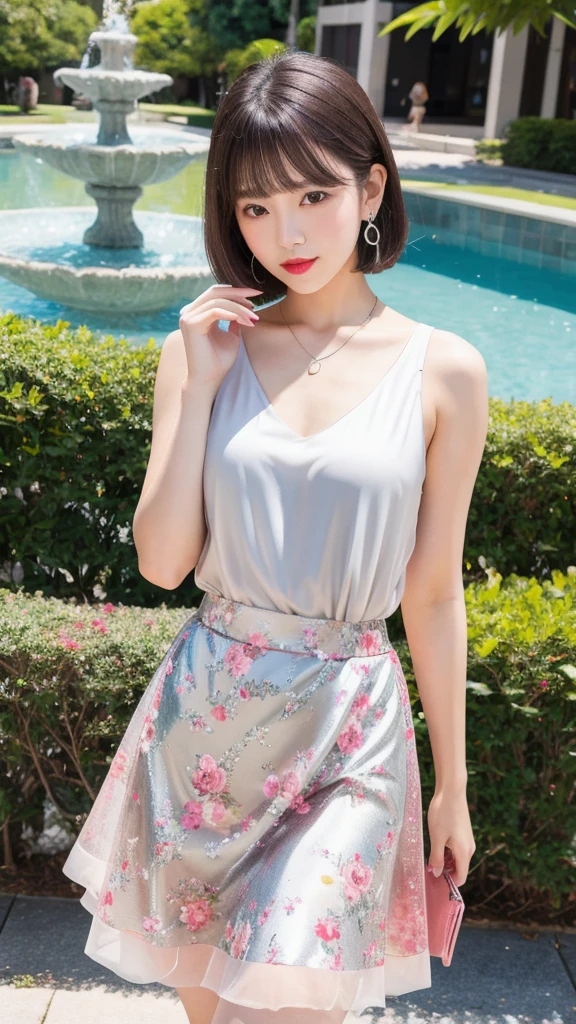 (8k, Photorealistic, Raw photo, Highest quality: 1.4),Japanese idol-style beautiful girl,1 person,18-year-old,Hairstyle(Very Short Bob,silver :1.4),Hang your hair over your ears,She has small platinum earrings in her ears.,Big, clear grey eyes,Long eyelashes,Plump Cheeks,She has pale pink lipstick on her lips.,Apply gloss over your lipstick for glossy, plump lips,A short pendant is hanging around her neck,Thin and delicate shoulders,Pale pink nail polish on the nails of both hands,Thin waist,She is wearing a sheer sleeveless floral dress.,Holding her skirt with both hands,Wearing sandals,Standing with a park fountain in the background,Full body portrait