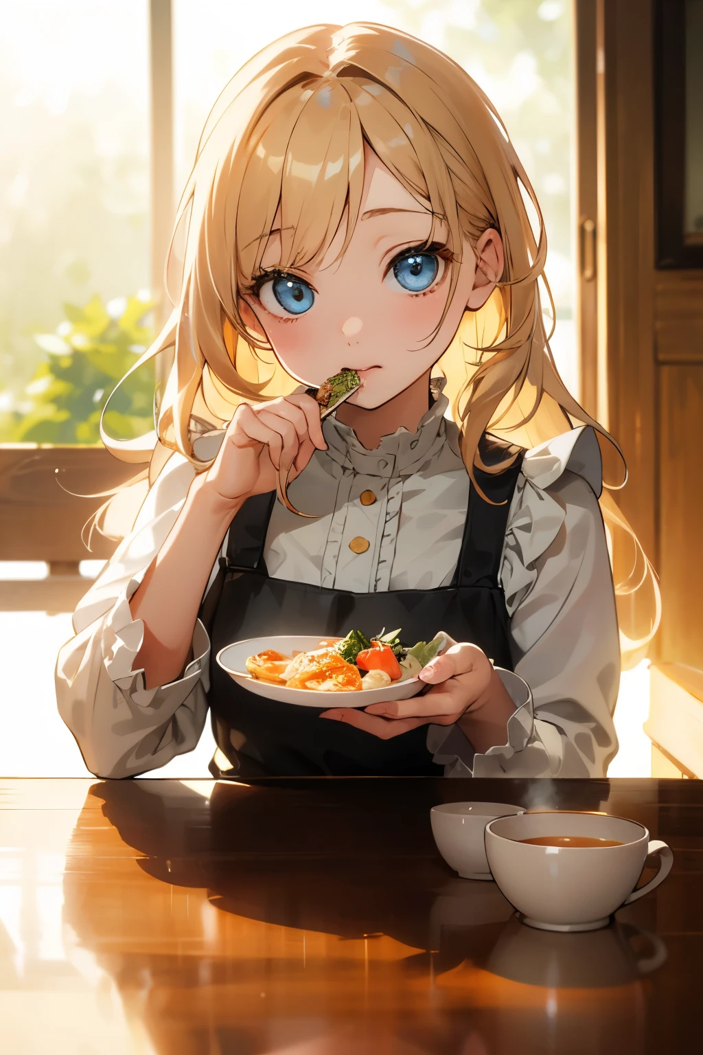 Photorealistic Chibi Girl Doll、sitting at the table eating breakfast、Detailed face、Beautiful Eyes、Detailed Hair、Delicate hands、Complex clothing folds、Warm lighting、Soft Focus、8K、high quality、masterpiece、Ultra-realistic、Detailed Texture、Realistic lighting and shadows、Bright colors、Natural tones