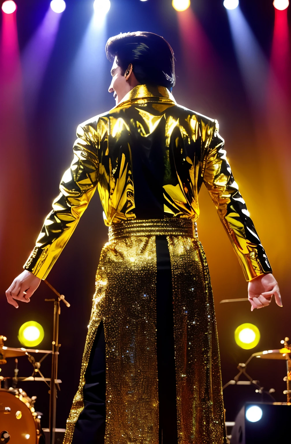 (masterpiece, highest quality, detailed), High Contrast, Bright light, (Backlight, Stage lighting, Laughter:1.2), (Gold color scheme:1.2), Midas Magic, Sparkle, Shine, Shine, Break 1 Boy, (Fat, Color, Dress up as Elvis:1.1), Simple Background, 
