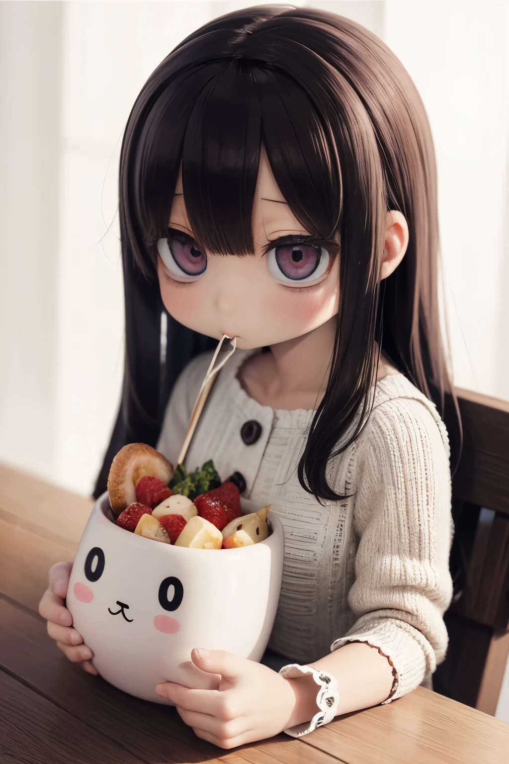 Photorealistic Chibi Girl Doll、sitting at the table eating breakfast、Detailed face、Beautiful Eyes、Detailed Hair、Delicate hands、Complex clothing folds、Warm lighting、Soft Focus、8K、high quality、masterpiece、Ultra-realistic、Detailed Texture、Realistic lighting and shadows、Bright colors、Natural tones