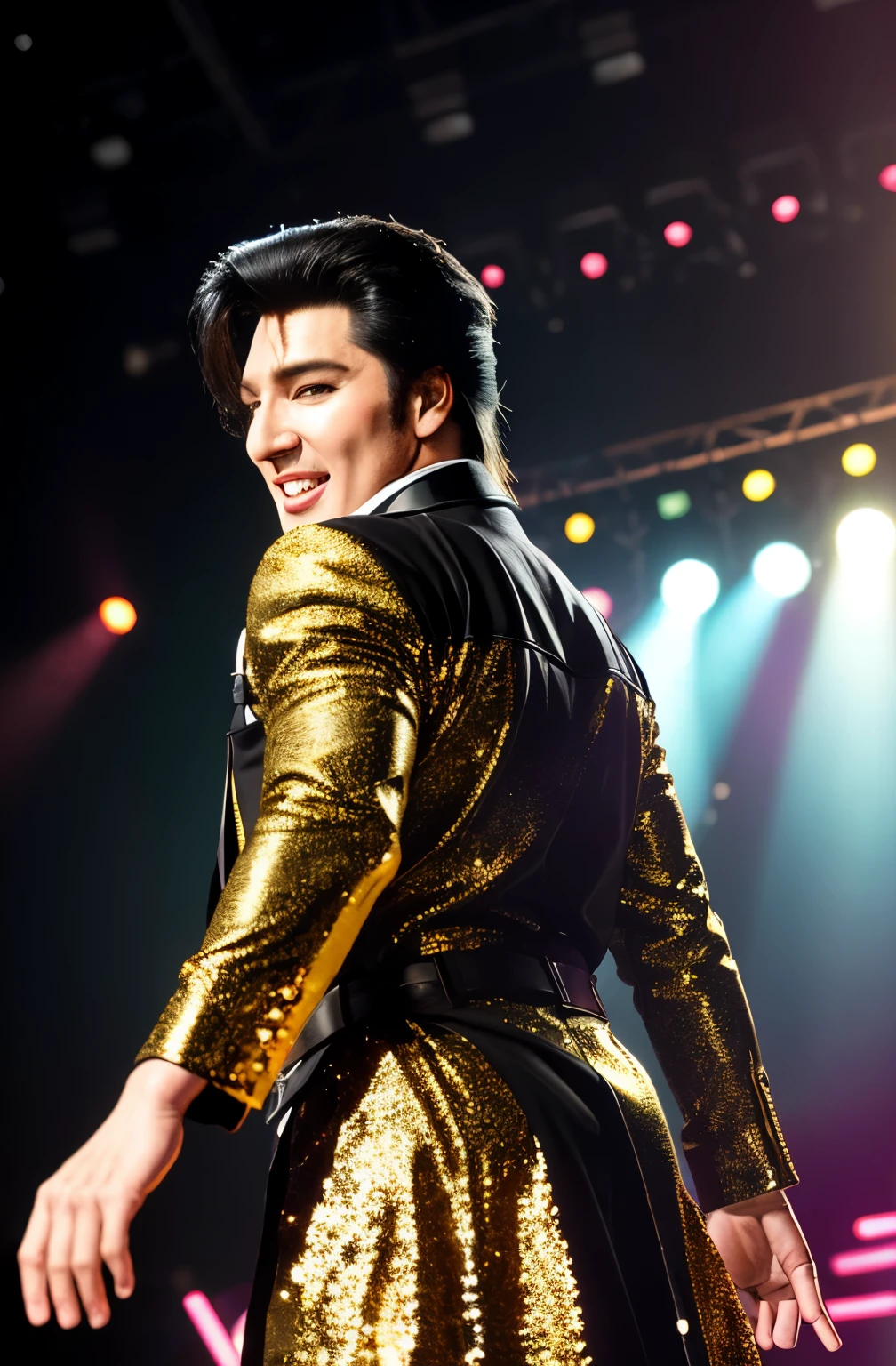 (masterpiece, highest quality, detailed), High Contrast, Bright light, (Backlight, Stage lighting, Laughter:1.2), (Gold color scheme:1.2), Midas Magic, Sparkle, Shine, Shine, Break 1 Boy, (Fat, Color, Dress up as Elvis:1.1), Simple Background,