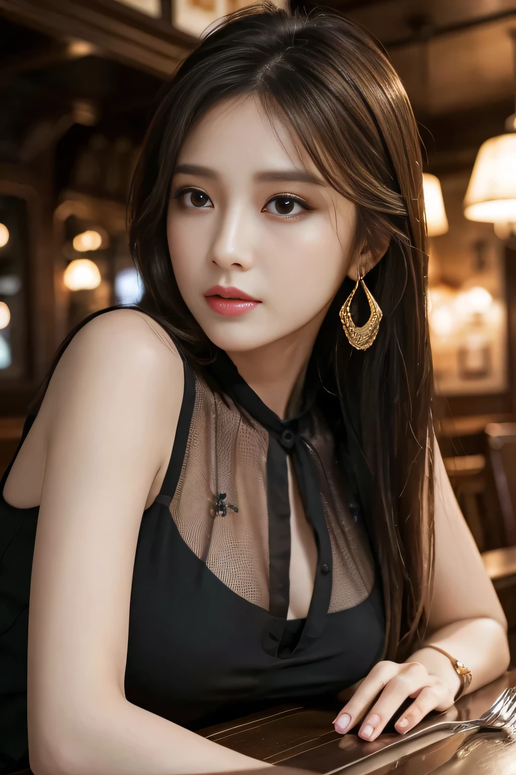 masterpiece, highest quality, Realistic, Very detailed, Finer details, High resolution, 8k wallpaper, One beautiful woman, Wear an elegant black see-through blouse, In a great pub restaurant, At night, Light brown messy hair, Perfect dynamic composition, Beautiful and beautiful eyes、Big earrings、Sleeveless shirt、