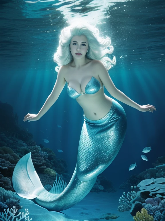 Underwater very deep sea, blue sea, a portrait photograph of a beautiful ((90 year old)) woman, white hair, mermaid, wrinkles, long white mermaid tail below waistline, 