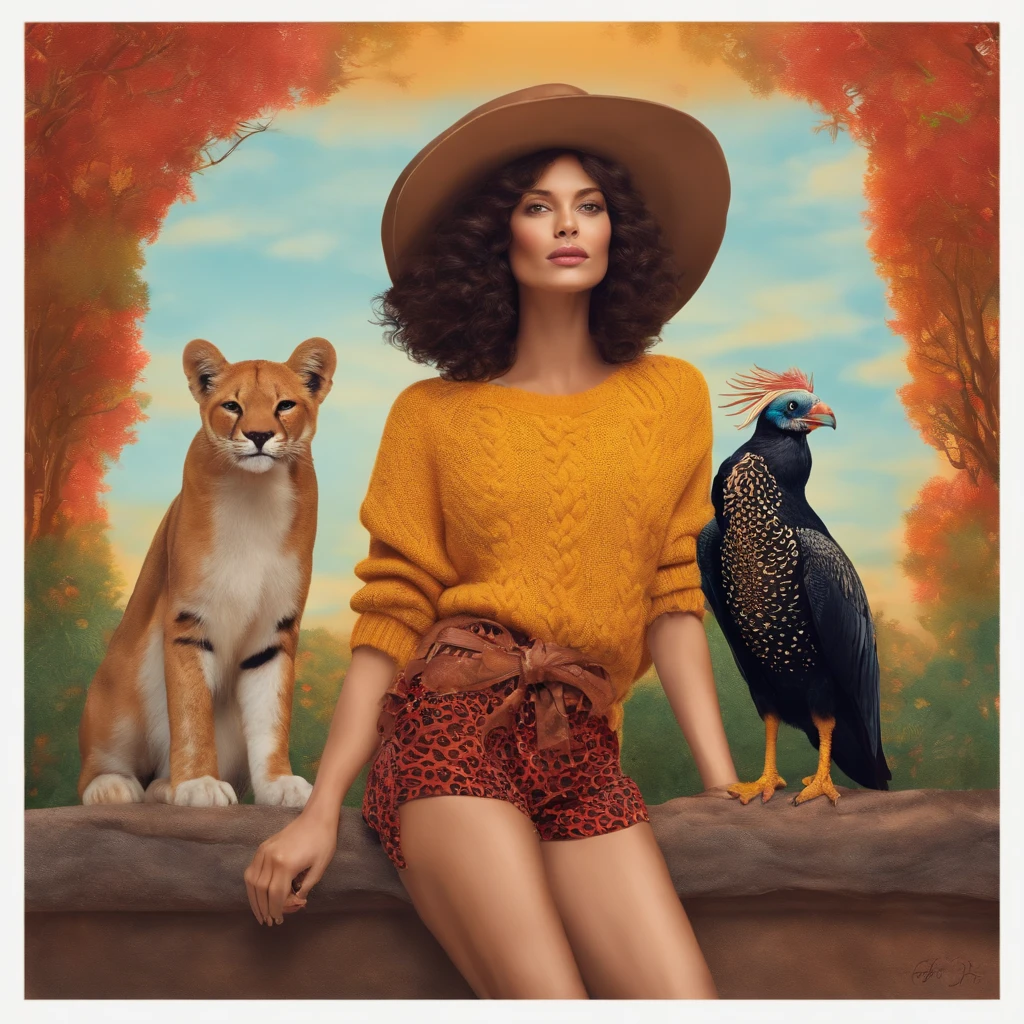 Une femme avec un pull et un short moulant et des animaux autour d’elle
