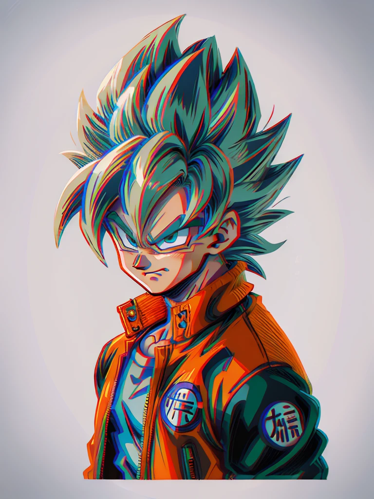 1man, solo, (masterpiece), best quality, ultra-detailed, Son Goku from Dragon Ball Z, super saiyan hair, Retro style, full body. fashion cloth, orange jean jacket, fancy, portrait, upper body, face detail, eyes detail: 1.3, simple background, green eyes, blue shirt, white background, grey shiny hair, ultra instinct
