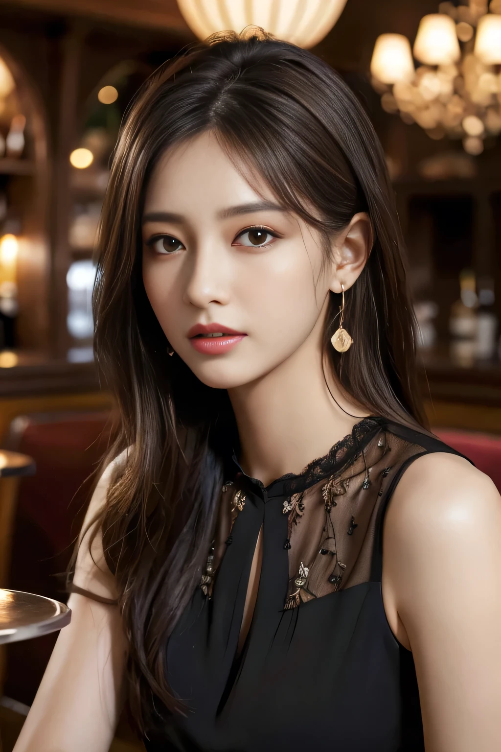 masterpiece, highest quality, Realistic, Very detailed, Finer details, High resolution, 8k wallpaper, One beautiful woman, Wear an elegant black see-through blouse, In a great pub restaurant, At night, Light brown messy hair, Perfect dynamic composition, Beautiful and beautiful eyes、Big earrings、Sleeveless shirt、