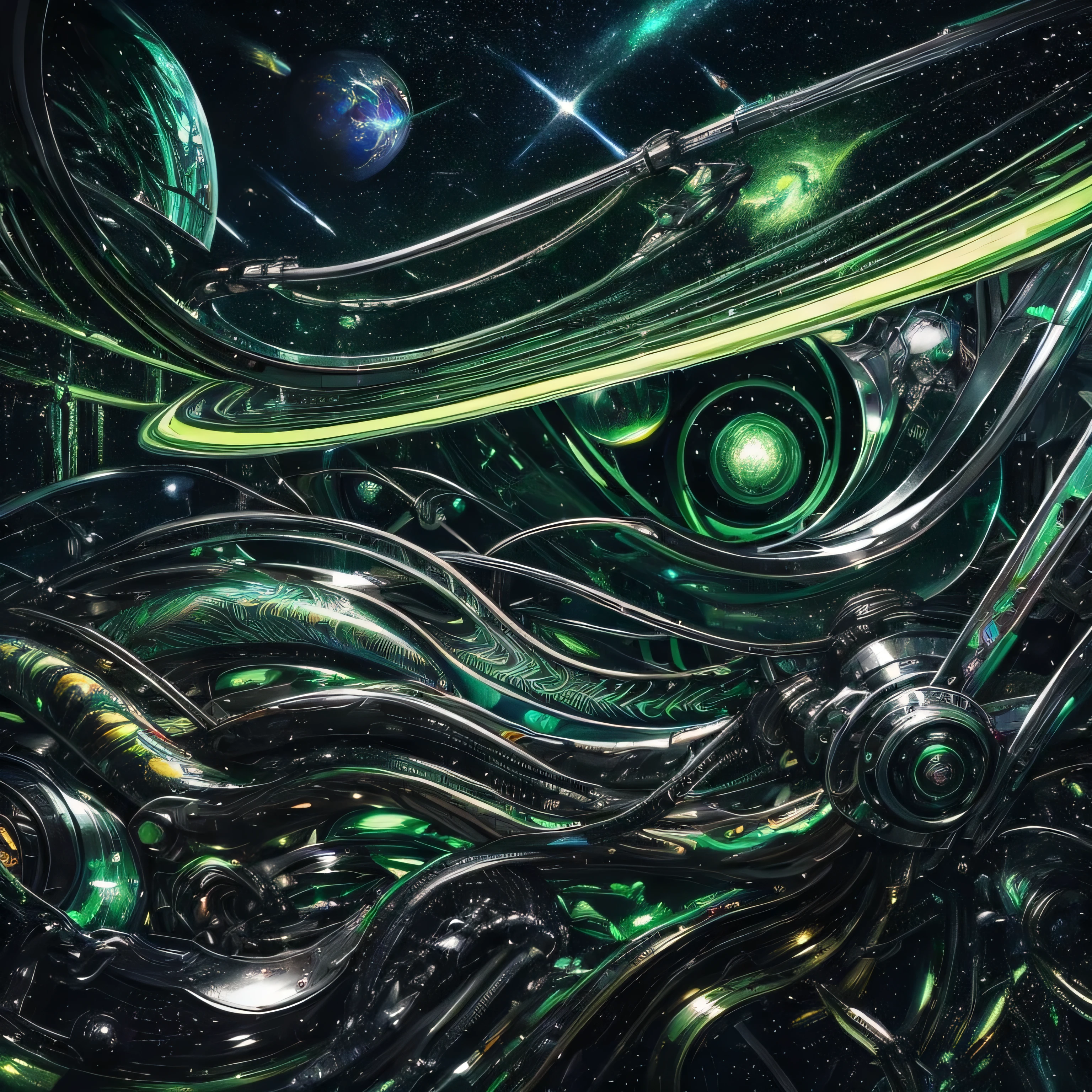 Chromed oil painting in shiny in green tones, the Portuguese word 'PSYWORMS' in 3D, cartoon font, surrounded by silver and green neon spaceships, galaxies in the sky, and a nightmarish horror