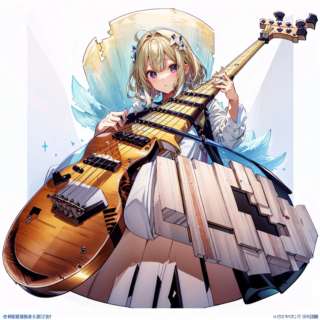 One girl、(masterpiece, highest quality、Official Art、The best configuration、Award-winning works), (Thin Hair), Very detailed, Anime Style, alone, full length, Concept Art,guitarをひいている guitar、Musical note fractal art, デザインが非常にこだわっているguitar, Super huge, Tall and stylish, Very large.、White Background, full lengthに立って, Floating in the sky,fsgzisksk