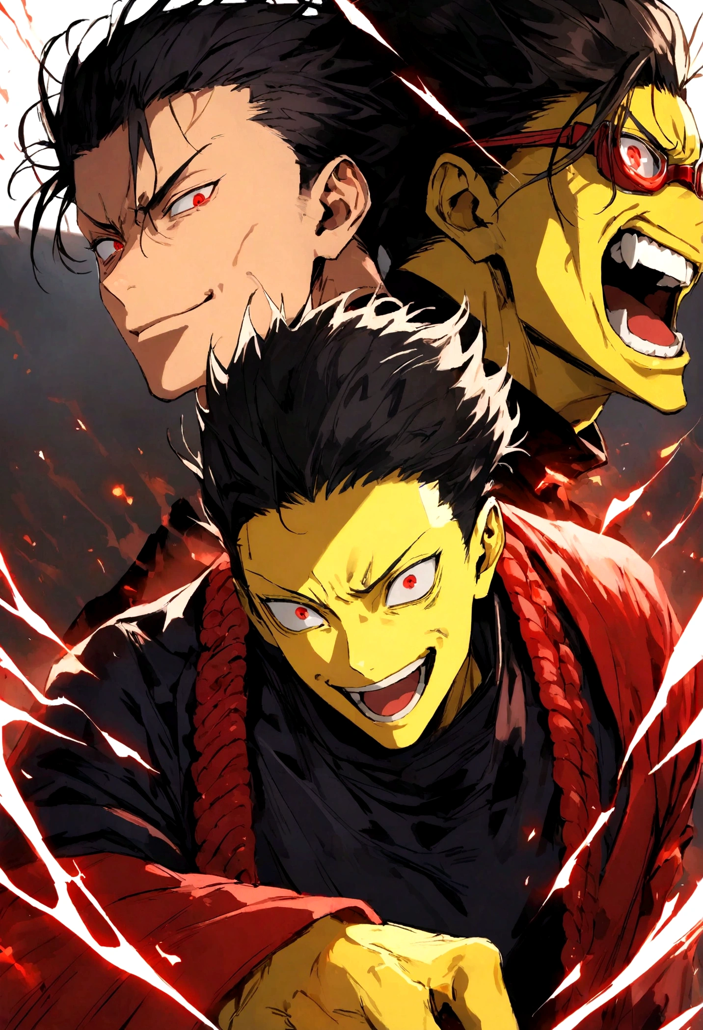 Yellow skin, Black hair, samurai hair, furious red eyes, smiling, red googles, black flash of jujutsu kaisen on the fist
