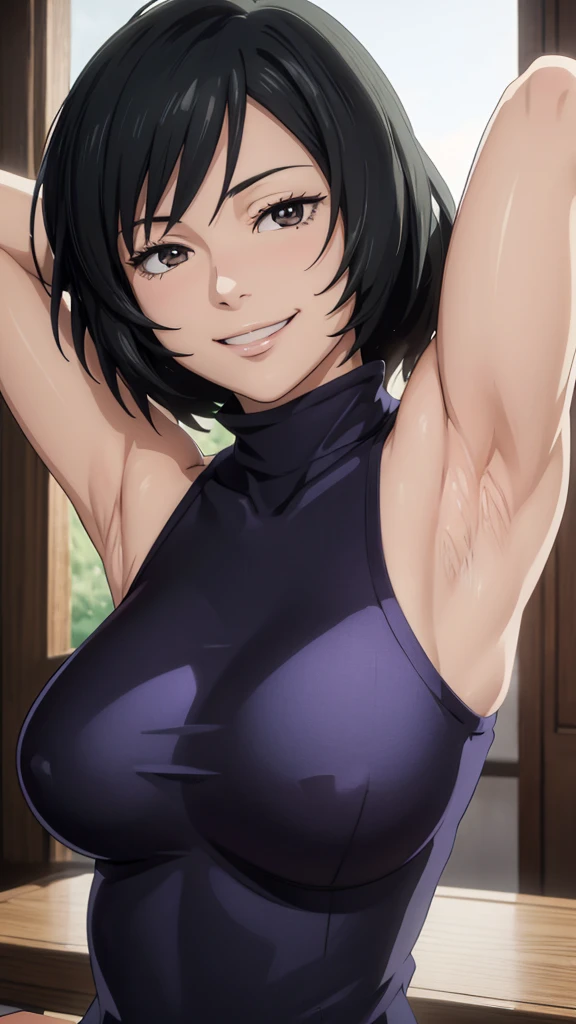 Mai, Portrait, masterpiece, 8k, ultra high quality, ultra realistic, ultra high definition, anime art, smiling, cute, seductive, armpits visible, armpits hair