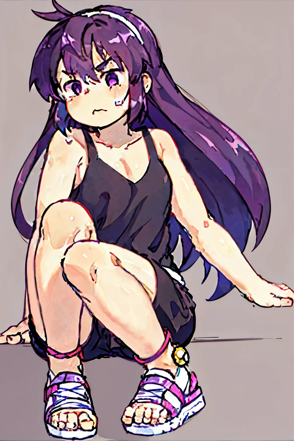 with long purple hair, purple eyes, brown skin, wearing a top and shorts, and wearing sandals. The image background must be gray