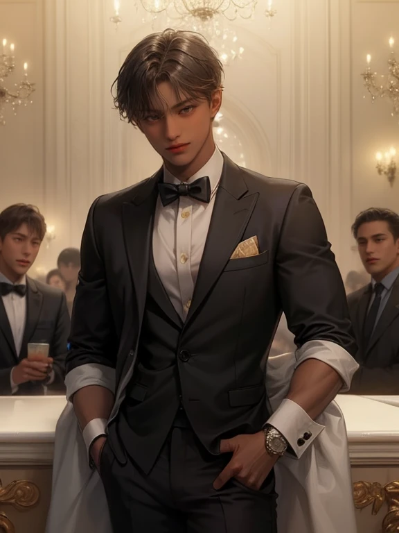Male focus, 1 MAN, solitary, DARK BROWN hair, (((bright yellow eyes))), SHORT MESSY hair, , ((brown skinned)), blushing a lot, handsome, MUSCULAR, LOOKING AWAY, black hair,((LUXURY brown orange SUIT)), ELEGANT, RICH, BLACK SKIN, ((DARK SKINNED)), SOFT LOOKING, BLUSHING, HAIR DOWN, (((((SHORT HAIR)))), (((((DARK SKINNED, TANNED SKIN, VERY DARK SKIN)))), BANGS, SHORT SHORT HAIR, brown SKIN, BLUNT BANGS