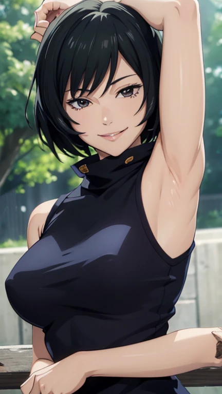 Mai, Portrait, masterpiece, 8k, ultra high quality, ultra realistic, ultra high definition, anime art, smiling, cute, seductive, armpits visible, armpits hair