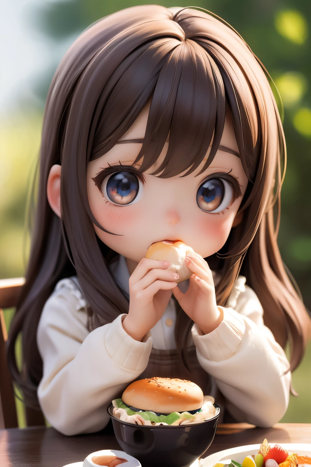 Photorealistic Chibi Girl Doll、sitting at the table eating breakfast、Detailed face、Beautiful Eyes、Detailed Hair、Delicate hands、Complex clothing folds、Warm lighting、Soft Focus、8K、high quality、masterpiece、Ultra-realistic、Detailed Texture、Realistic lighting and shadows、Bright colors、Natural tones