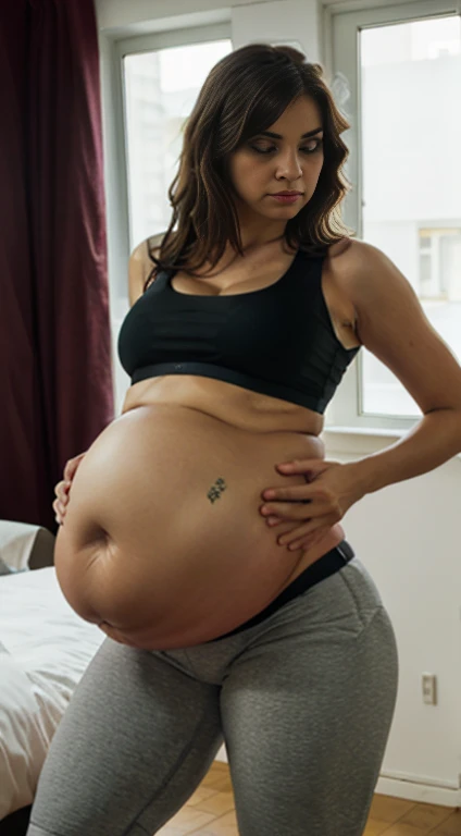 german brunette emo, pregnant belly, blue yoga pants and black crop top sport bra