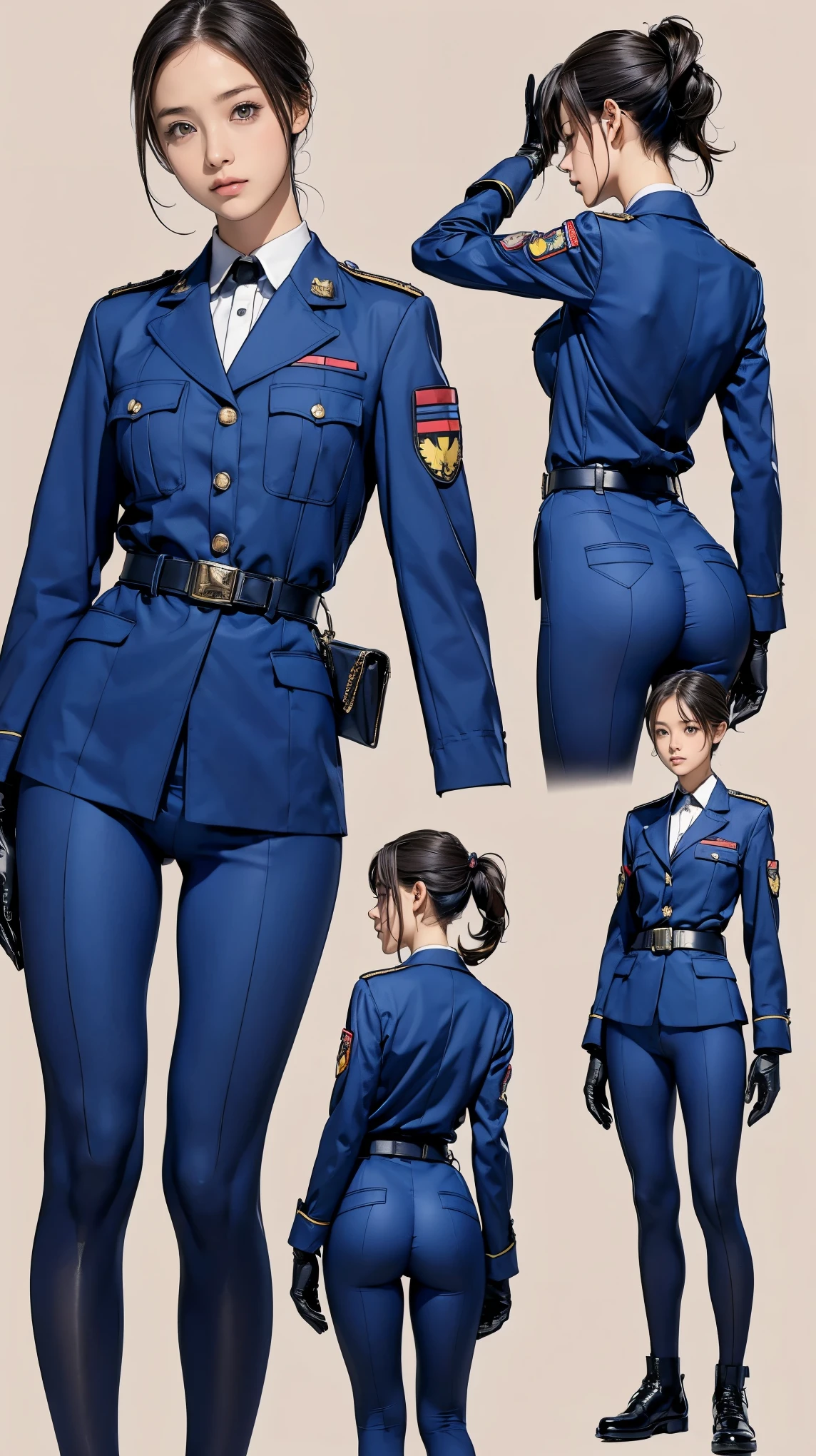((masterpiece)),(((highest quality))),((Reference Sheet, Character Design, front, return, ~ ~ side, Mr..々Hairstyle, Mr..々Performance, Facial Expressions)), , Cute type, (Very slim:1.4), (Very small ass:1.4), Realistic buttocks, Big Breasts, Short Bob, Thin thighs, Long legs, It's not a big deal, ((gloves, uniform, military, military ,belt)), ((Browsing Caution:1.0))