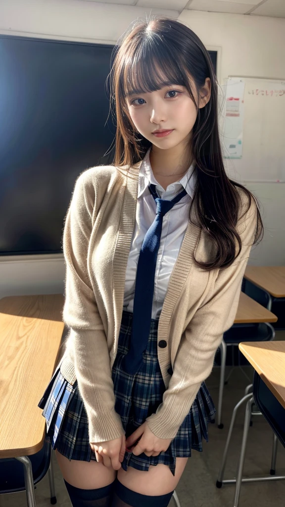 masterpiece, best quality, illustration, Super detailed, fine details, High resolution, 8K,wall paper, perfect dynamic composition,(Details High quality, realistic depiction of eyes:1.3), High School Classroom、High school girl uniform、Cardigan、Super Short Check Uniform Skirt、Navy blue high socks、garterbelts、Colossal tits、Disturbed uniform、wavy hair, black hair color, Big Natural Color Lip, bold sexy pose, (perfect body shape), crying a little、Harajuku style、20 year old girl、cute type, beautiful legs, hposing Gravure Idol, Voluptuous thighs