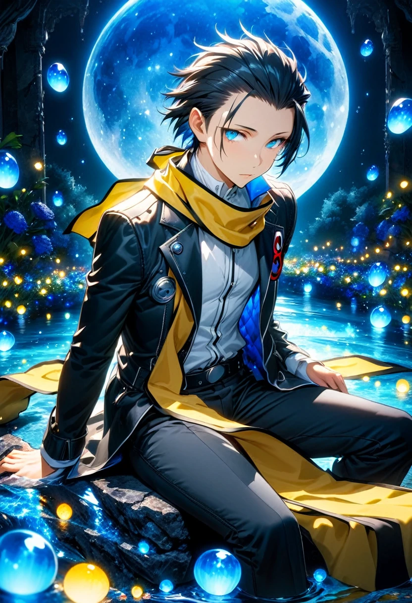absurdres, highres, ultra detailed, HDR, masterpiece, Mochizuki Ryouji, black hair, ruffled slicked back, expressive blue eyes, Persona 3, solo, sexy man sitting, handsome, yellow scarf, black jacket, white shirt, magical, fantasy, water, blue moon, starry, blue fireflies, blue flowers