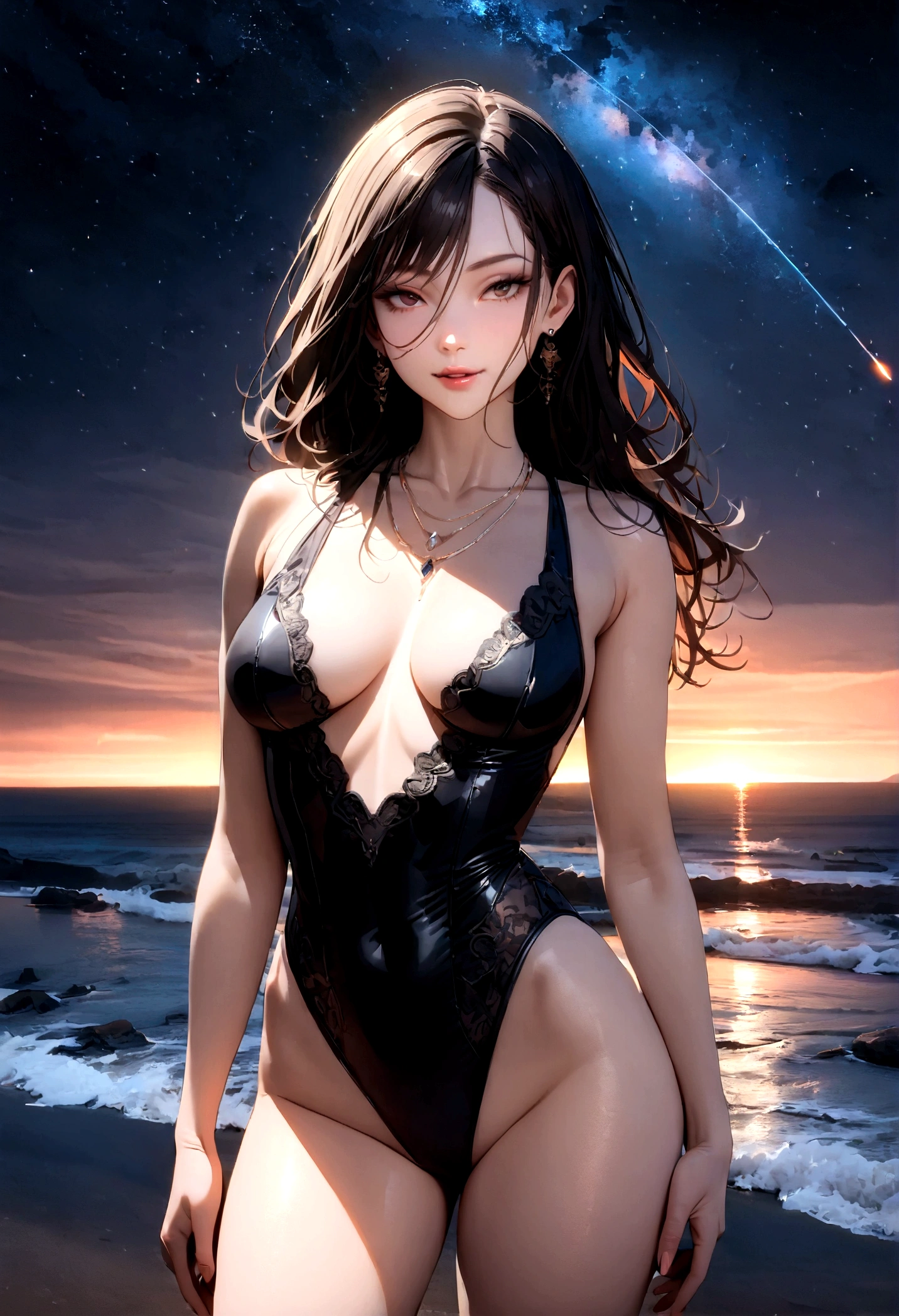 8k, masterpiece, RAW Photos, highest quality, Realistic, Very detailed, Depth of written boundary, Cinematic Light, Anatomically correct body,
One beautiful 40 year old woman, (Very beautiful face:1.3), (Exquisitely detailed face:1.3), (A seductive face:1.2), (Very delicate skin texture:1.3), Transparent muscle, Shiny white skin, Glamorous Body,
(Wavy black long hair:1.2), (Sexy Breasts:1.1), (Sexy ass:1.1),
(White lace high leg leotard swimsuit:1.2), (Detailed cloth texture:1.2), (Gorgeous necklace:1.1), (Gorgeous earrings:1.1),
(Dark starry background:1.4), (Milky Way:1.1), (milky way:1.1), (shooting star:1.1), (Dark coastline at night:1.4), (Pitch black sea surface:1.4),
(Standing on the beach:1.2),