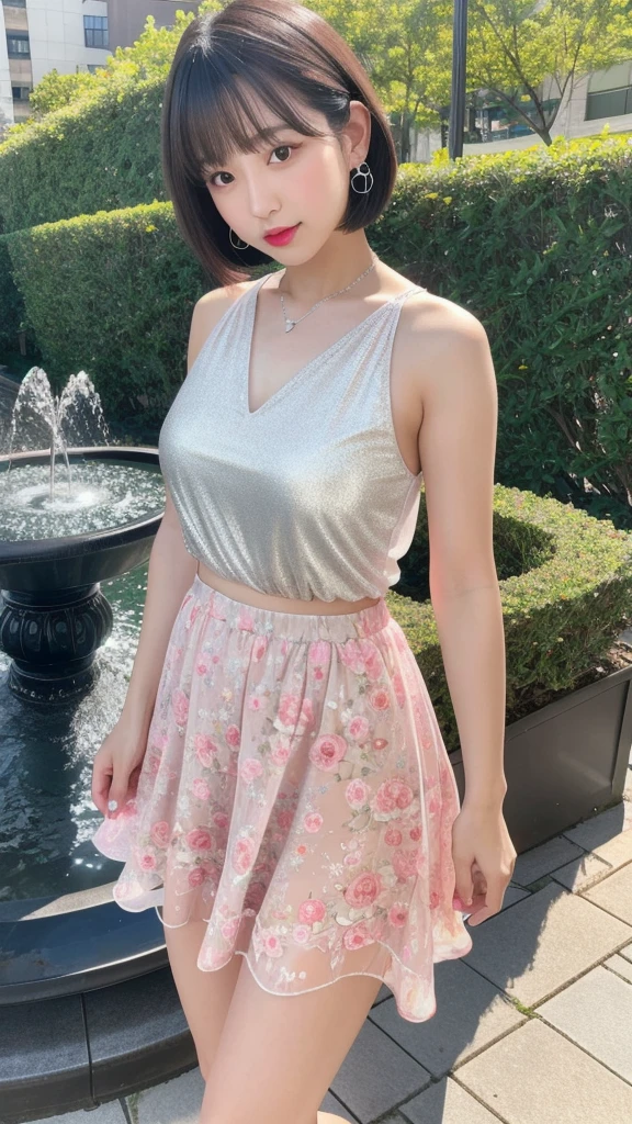 (8k, Photorealistic, Raw photo, Highest quality: 1.4),Japanese idol-style beautiful girl,1 person,18-year-old,Hairstyle(Very Short Bob,silver :1.4),Hang your hair over your ears,She has small platinum earrings in her ears.,Big, clear grey eyes,Long eyelashes,Plump Cheeks,She has pale pink lipstick on her lips.,Apply gloss over your lipstick for glossy, plump lips,A short pendant is hanging around her neck,Thin and delicate shoulders,Pale pink nail polish on the nails of both hands,Thin waist,She is wearing a sheer, sleeveless, layered floral dress.,Holding her skirt with both hands,Wearing sandals,Standing with a park fountain in the background,Full body portrait