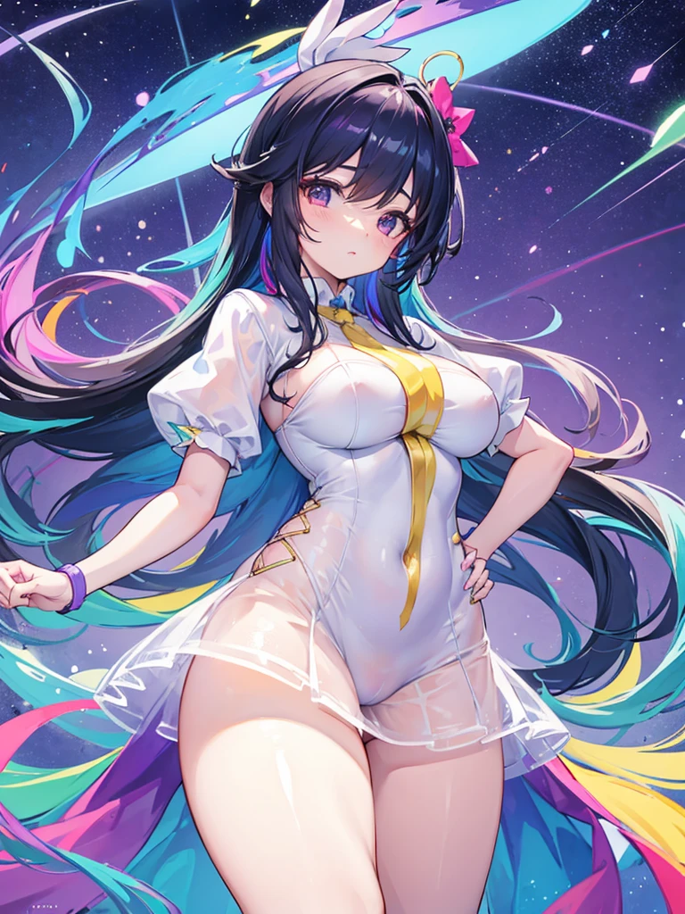 Chica tetona, tetas grandes y pesadas, pezones erectos, tight-fitting translucent clothing, multicolor, rainbow shooting stars