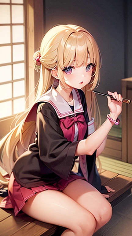 1 girl, solo, masterpiece, blonde hair, straight haired,long hair,pink lips, Japanese school shirt, Japanese skirt,cute and beautiful illustration,soft, bracelet.