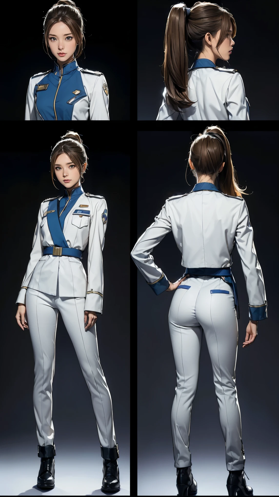 ((masterpiece)),(((highest quality))),((Reference Sheet, Character Design, front, return, ~ ~ ~ side, Mr...々Hairstyle, Mr...々performance, Facial Expressions)), 14-year-old girl, Cute type, (Very slim:1.4), (Very small ass:1.4), Realistic buttocks, Mid-chest, Blonde ponytail:1.2,Thin thighs, Long legs, It's not a big deal,(A female Earth Federation officer is walking), (Wearing Earth Federation military uniform, White and dark grey uniform),(Worn by federal government employees'White Hat:1.5)