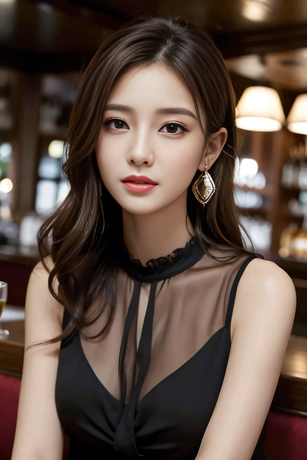 masterpiece, highest quality, Realistic, Very detailed, Finer details, High resolution, 8k wallpaper, One beautiful woman, Wear an elegant black see-through blouse, In a great pub restaurant, At night, Light brown messy hair, Perfect dynamic composition, Beautiful and beautiful eyes、Big earrings、Sleeveless shirt、
