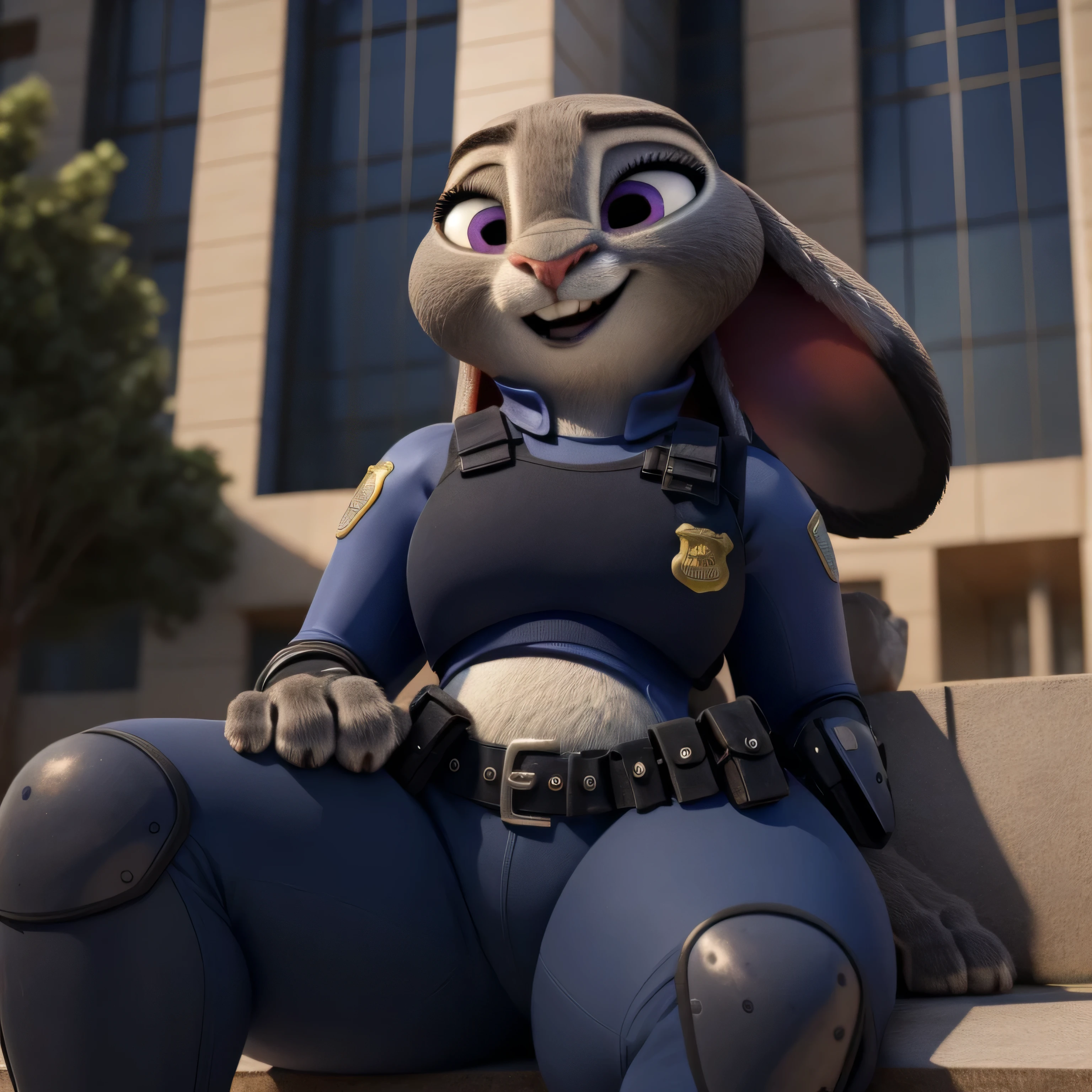 orelhas para baixo, bbw, gordinha, corpo sensual gordinha, peitos grandes, bochechas fofas, big soft arms, big sagging belly, (Melhor qualidade, Obra-prima:1), Judyhopps feminino peludo, retrato, police uniform, uniforme completo, rabo de coelho, Police Belt, police badge, blue pants, sorriso, olhos roxos, pele do corpo, estilo pixar 3d, corpo completo, por qupostuv35, ((macro)), ((quadris largos)), em uma zootopia, curvy ass, ((coxas grandes)), melhor qualidade, esmagando coxas, Deitado