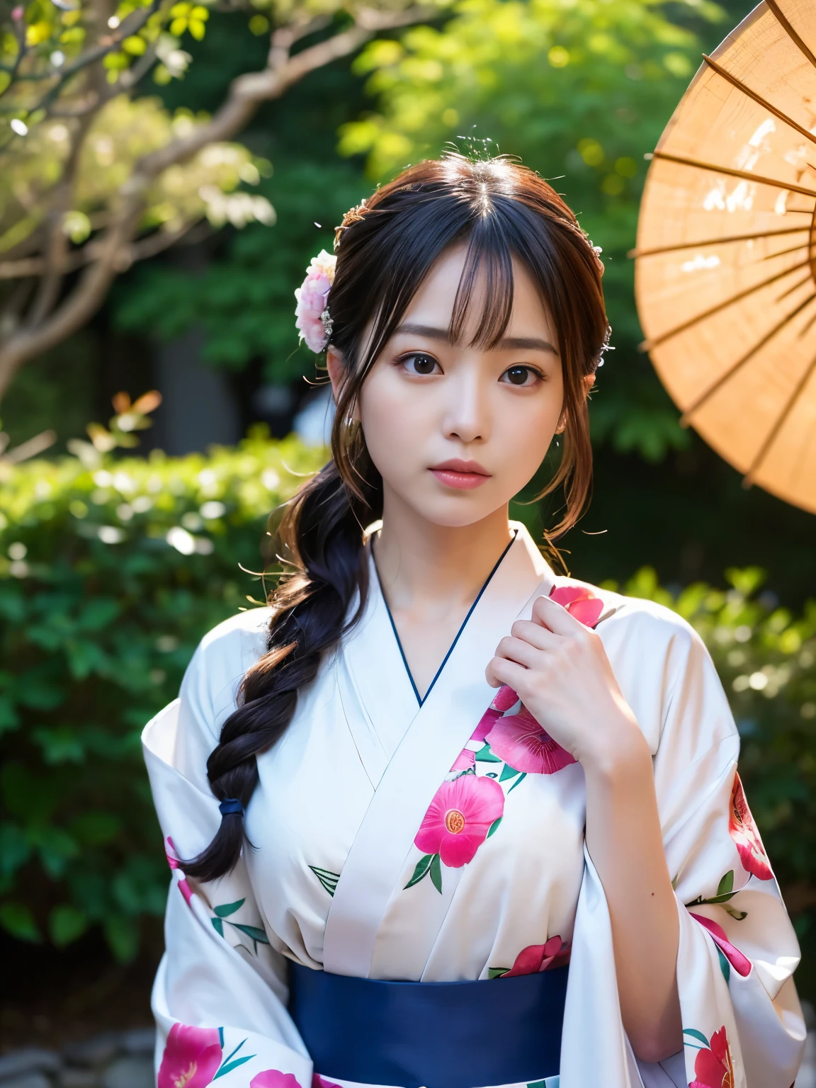 (Best-quality, Masterpiece, Ultra-High-Resolution, (Photorealistic:1.4), Raw Photo,  depth of field, professional lighting, perfect ???????, extremely details), 1girl, the most famous Japanese actress, in Japanese-style garden, wearing extremely beautiful Japanese-KIMONO with gorgeous-design, standing with tip of Japanese-KATANA in right hand pointing toward viewer, (extremely beautiful and realistic face, ((extremely beautiful and extremely realistic big-eyes)), extremely beautiful and extremely realistic hair, extremely beautiful and extremely realistic skins), looking at viewer, detailed extremely-beautiful-Japanese-KIMONO-with-gorgeous-design, detailed Japanese-KATANA, detailed tip-of-Japanese-KATANA, detailed Japanese-style-garden