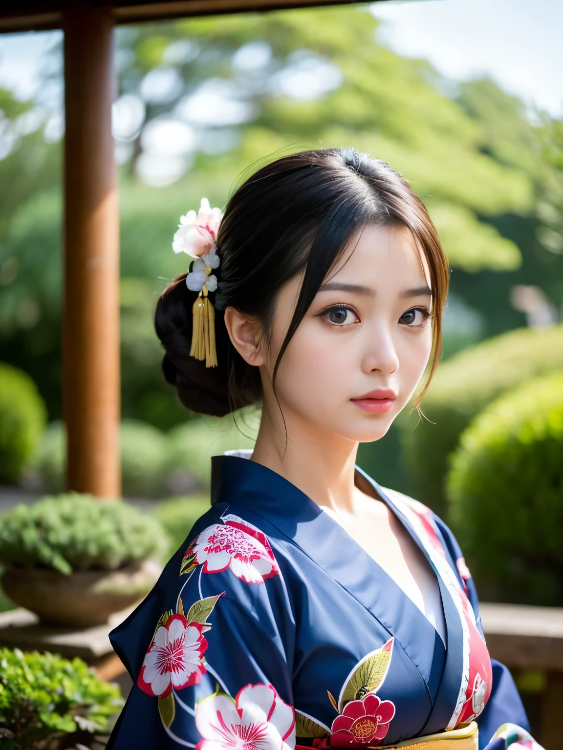 (Best-quality, Masterpiece, Ultra-High-Resolution, (Photorealistic:1.4), Raw Photo, depth of field, professional lighting, perfect anatomy, extremely details), 1girl, the most famous Japanese actress, in Japanese-style garden, wearing extremely beautiful Japanese-KIMONO with gorgeous-design, standing with tip of Japanese-KATANA in right hand pointing toward viewer, (extremely beautiful and realistic face, ((extremely beautiful and extremely realistic big-eyes)), extremely beautiful and extremely realistic hair, extremely beautiful and extremely realistic skins), looking at viewer, detailed extremely-beautiful-Japanese-KIMONO-with-gorgeous-design, detailed Japanese-KATANA, detailed tip-of-Japanese-KATANA, detailed Japanese-style-garden