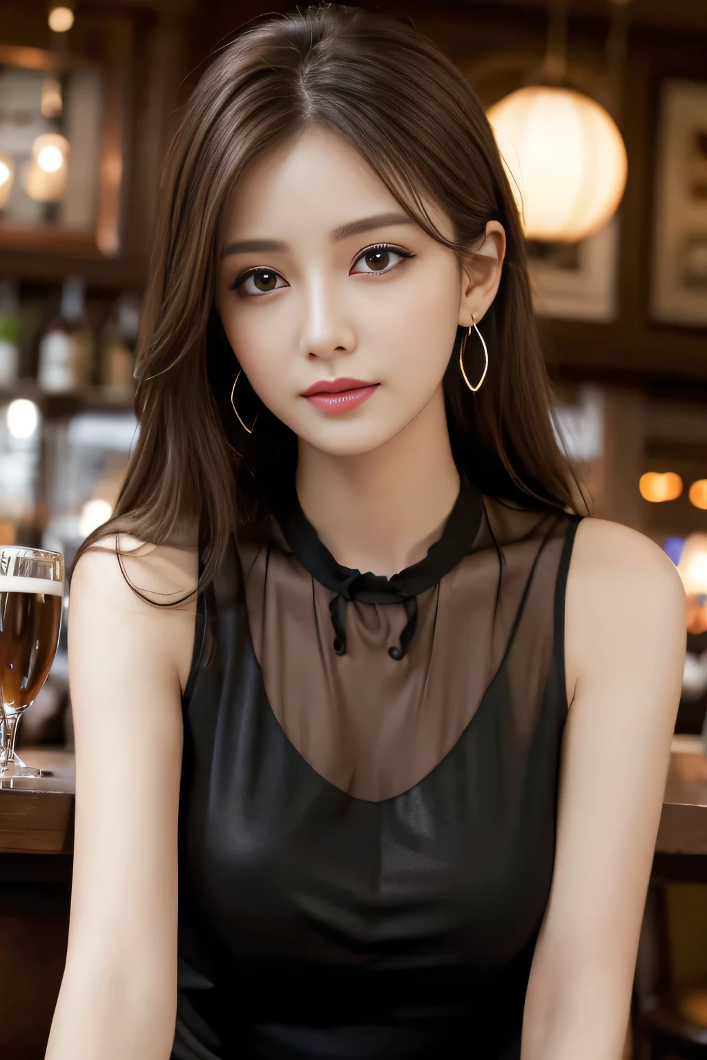 masterpiece, highest quality, Realistic, Very detailed, Finer details, High resolution, 8k wallpaper, One beautiful woman, Wear an elegant black see-through blouse, In a great pub restaurant, At night, Light brown messy hair, Perfect dynamic composition, Beautiful and beautiful eyes、Big earrings、Sleeveless shirt、