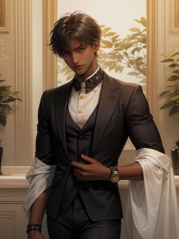 Male focus, 1 MAN, solitary, DARK BROWN hair, ((HAZEL bright yellow eyes)), SHORT MESSY hair, , ((brown skinned)), blushing a lot, handsome, MUSCULAR, LOOKING AWAY, black hair,((LUXURY SUIT)), ELEGANT, RICH, BLACK SKIN, ((DARK SKINNED)), SOFT LOOKING, BLUSHING, HAIR DOWN, (((((SHORT HAIR)))), (((((DARK SKINNED, TANNED SKIN, VERY DARK SKIN)))), BANGS, SHORT SHORT HAIR, DARK SKIN, BLUNT BANGS, ASIAN VERY THIN SMALL EYES