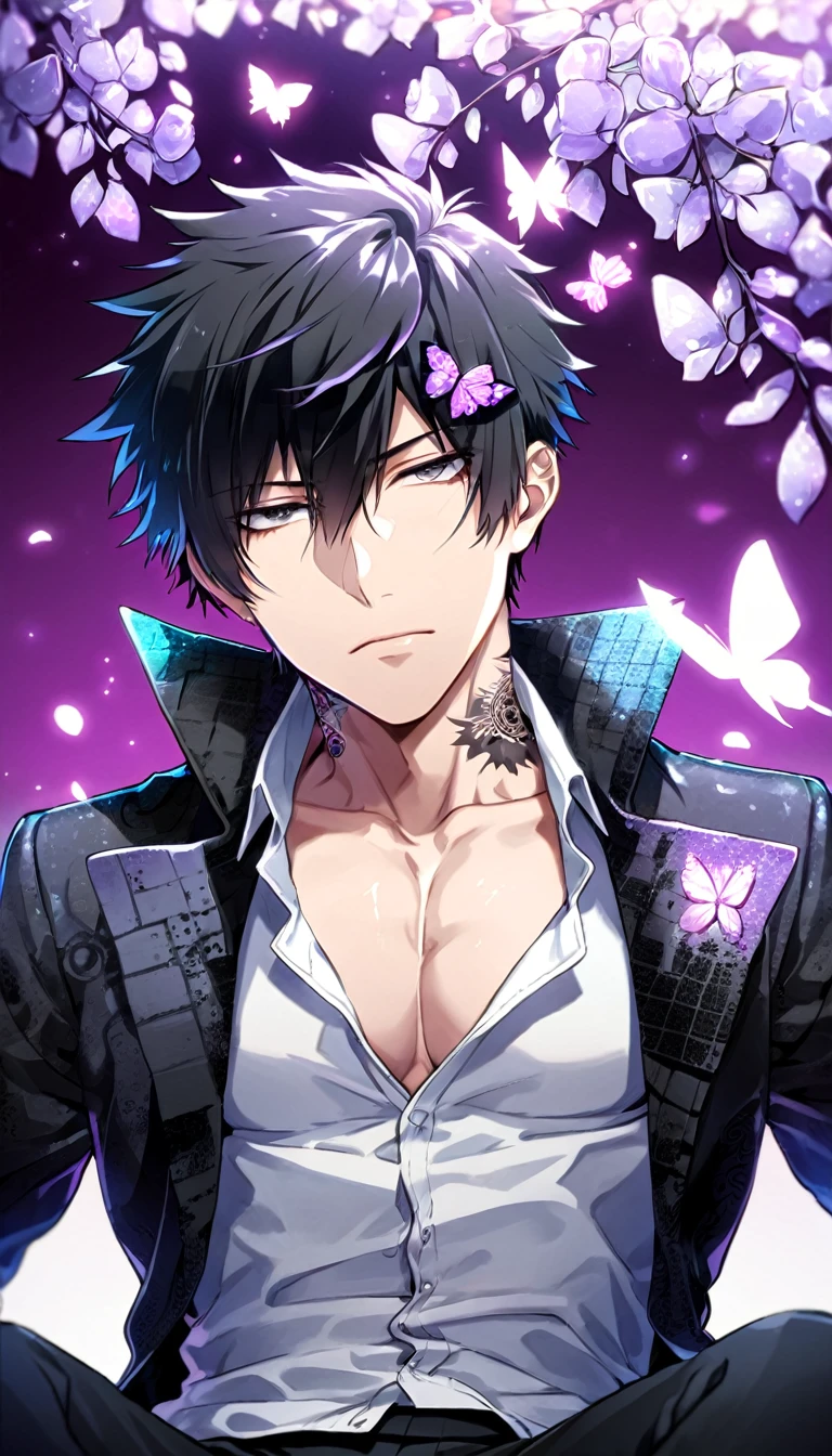 Ultra detailed, Highres, absurdres, HDR, Kougami Shinya, black hair, expressive gray eyes, black coat with patterns, Psycho Pass, white shirt, fantasy, glittering purple butterflies, petals, handsome, sexy man, solo, very detailed eyes and face, master piece, toned chest, glittering, purple flowers, sitting, tattoo on his neck, black pants, purple background