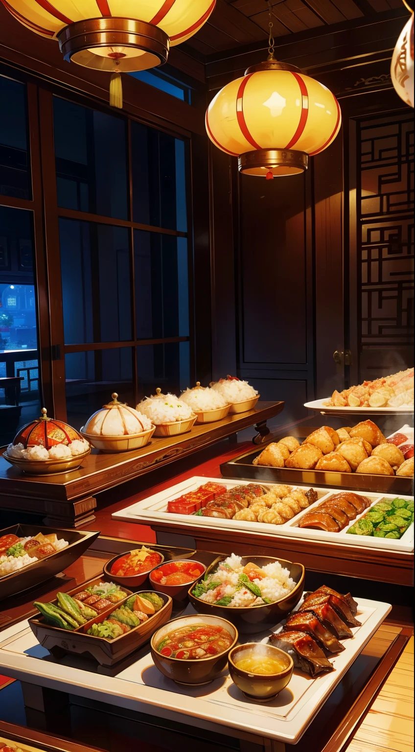 A photo of delicious Chinese imperial cuisine presented in a lavish presentation, Includes succulent lamb and goat dishes, Fragrant rice, There is also a wide selection of delicious sweets such as baklava and ma&#39;amoul..People don&#39;t come out