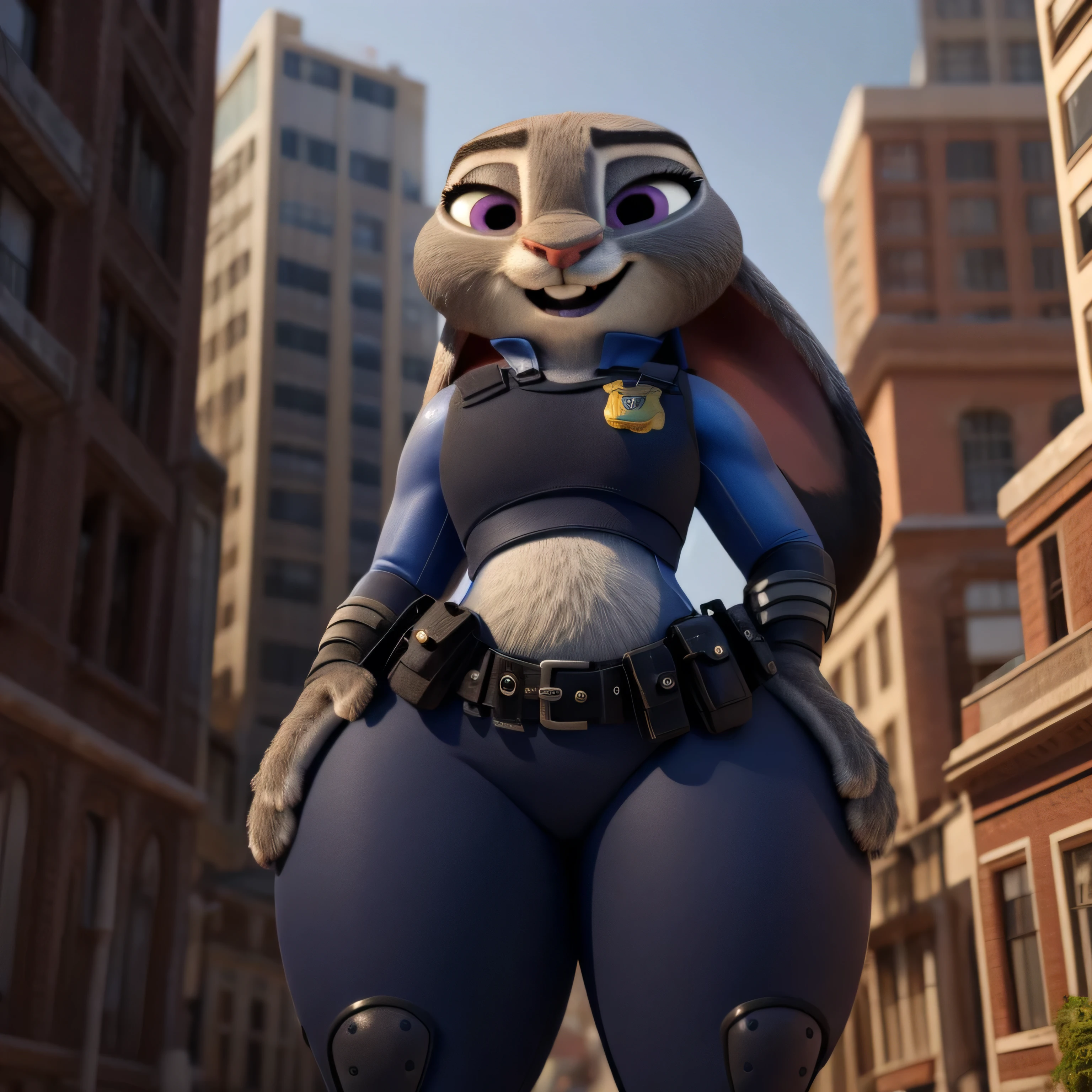 orelhas para baixo, bbw, gordinha, corpo sensual gordinha, peso 120 kg, peitos grandes, bochechas fofas, big soft arms, big sagging belly, (Melhor qualidade, Obra-prima:1), Judyhopps feminino peludo, retrato, police uniform, uniforme completo, rabo de coelho, Police Belt, police badge, blue pants, sorriso, olhos roxos, pele do corpo, estilo pixar 3d, corpo completo, por qupostuv35, ((macro)), ((quadris largos)), em uma zootopia, curvy ass, ((coxas grandes)), melhor qualidade, esmagando coxas, Deitado