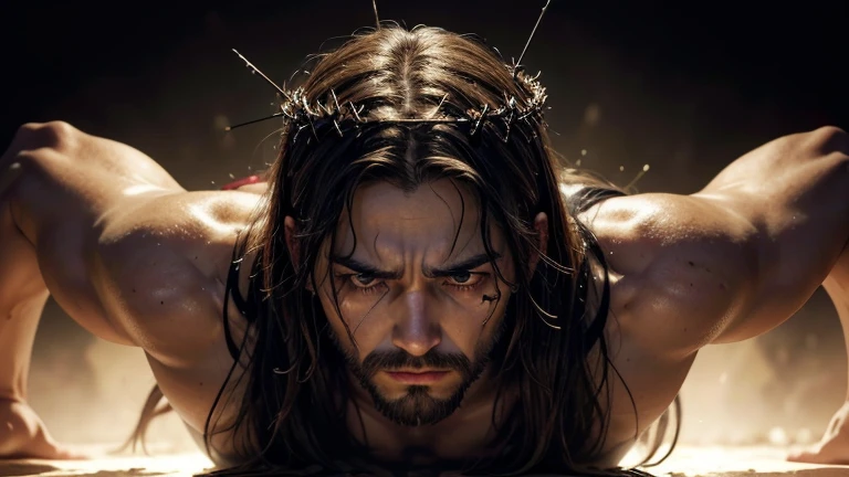 Draw a picture of Jesus with an expression of deep pain and suffering. Show the marks of the crucifixion, with a crown of thorns on his head. Your eyes should reflect sadness and compassion. Use a dark background to intensify the atmosphere of sacrifice and suffering. A imagem deve transmitir a profundidade da sua dor, but also the strength of your love and sacrifice
