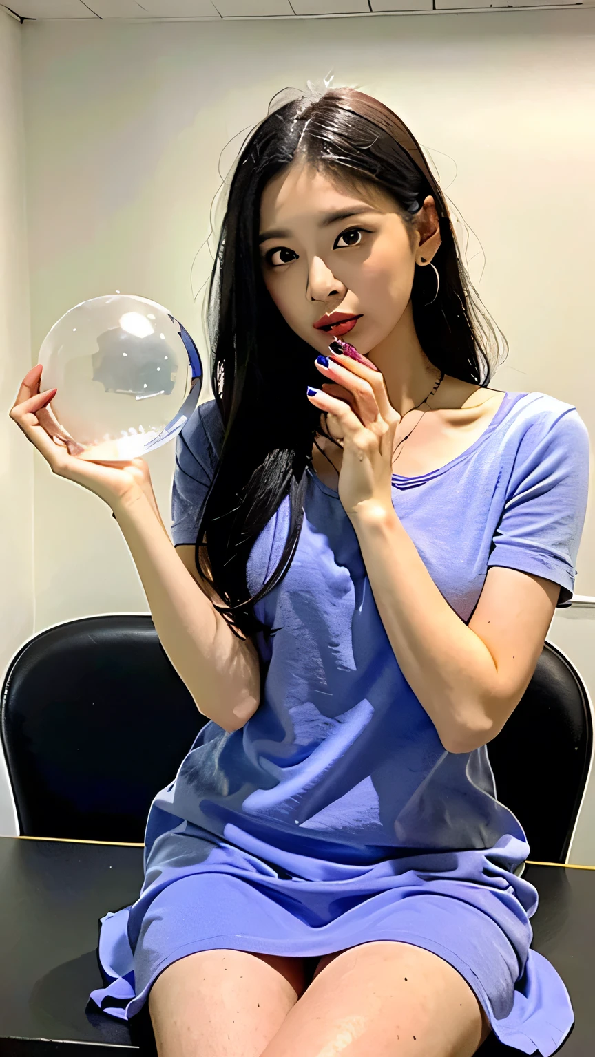 Japan women in their 40s、fortune teller、There is a large round crystal on the desk.、Transparent crystal、Woman reading fortune with crystal、He is holding both hands over a large round crystal.、Long hair looking into the future in the crystal、A light lavender chiffon loose short-sleeved dress