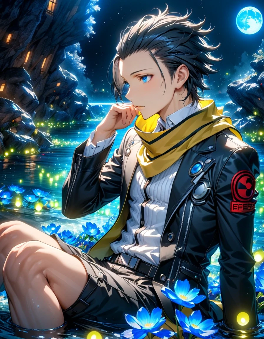 absurdres, highres, ultra detailed, HDR, masterpiece, Mochizuki Ryouji, black hair, ruffled slicked back, expressive blue eyes, Persona 3, solo, sexy man sitting, handsome, yellow scarf, black jacket, white shirt, magical, fantasy, water, blue moon, starry, blue fireflies, blue flowers
