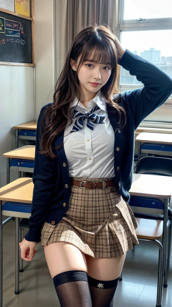 masterpiece, best quality, illustration, Super detailed, fine details, High resolution, 8K,wall paper, perfect dynamic composition,(Details High quality, realistic depiction of eyes:1.3), High School Classroom、High school girl uniform、Cardigan、Super Short Check Uniform Skirt、Navy blue high socks、garterbelts、Colossal tits、Disturbed uniform、wavy hair, black hair color, Big Natural Color Lip, bold sexy pose, (perfect body shape), crying a little、Harajuku style、20 year old girl、cute type, beautiful legs, hposing Gravure Idol, Voluptuous thighs