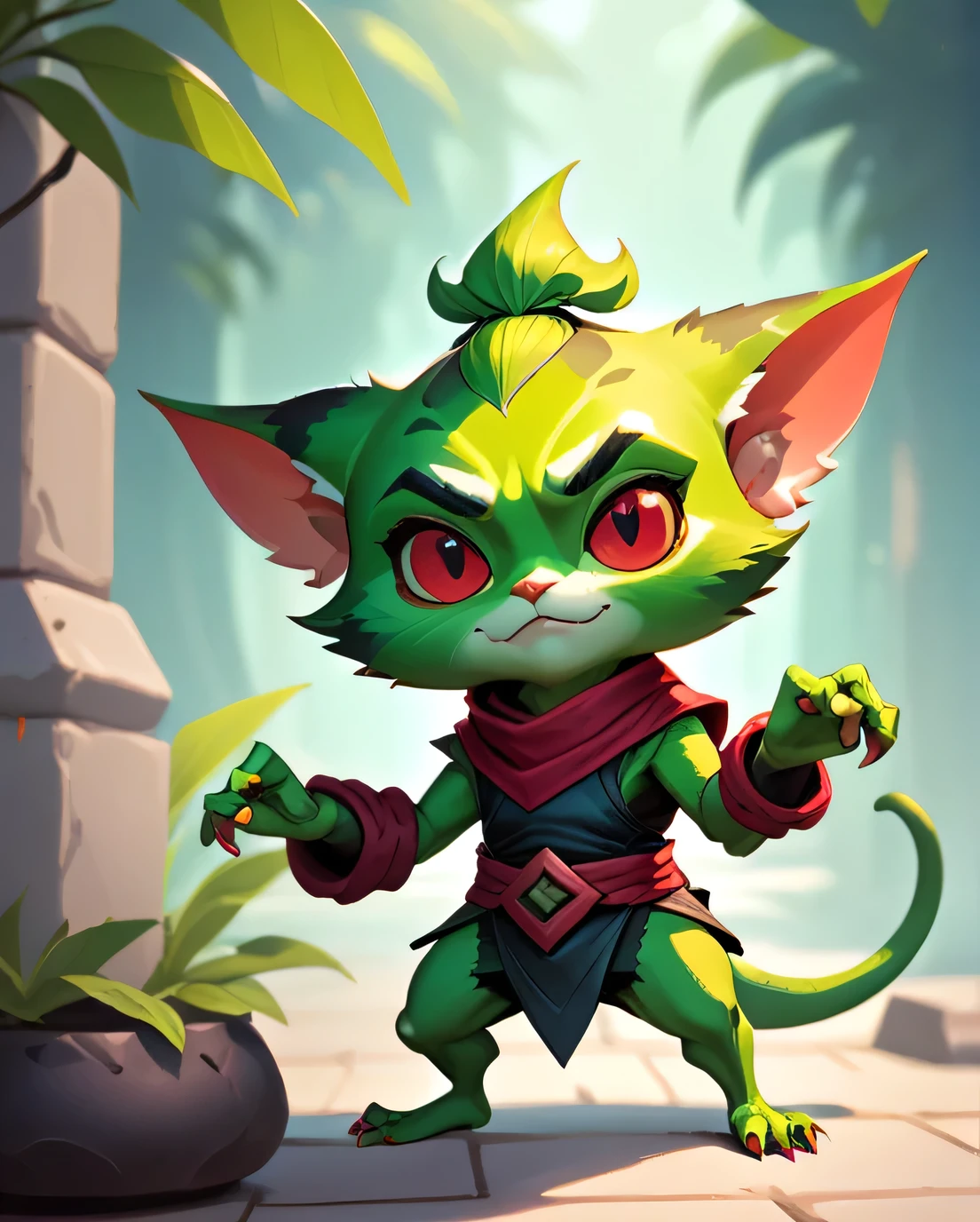 score_9, score_8_up, score_7_up, score_6_up, score_5_up, score_4_up, red yordle male a dubious little creature getting up to mischief,cute,pretty,***rdles,slender,thin,ninja outfit,green body,feral,canine