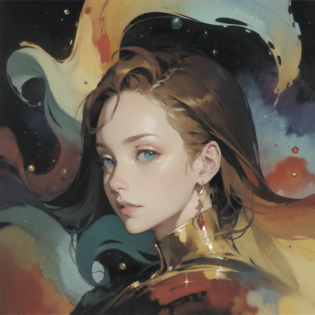 alone in the universe, Surrealism, Paint in watercolor style, Photorealism, discreet golden and ruby and mint shades