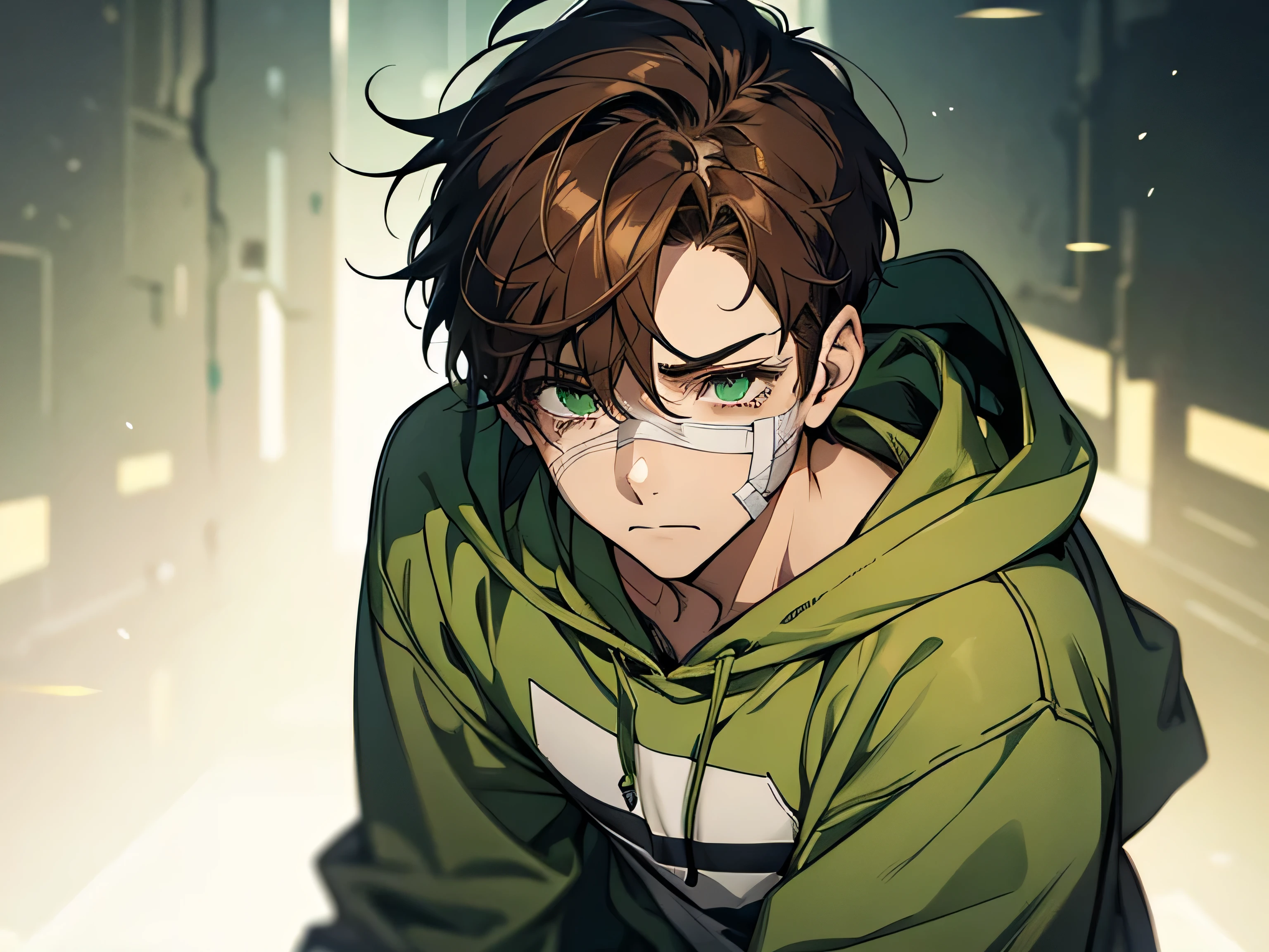 image of a boy with bandages on his face, he has wounds on face, green eyes, brown hair, smooth hair, short hair, crying, wearing green hoodie half body illustration, sad expression, loser, weakling, sexy eyes, handsome