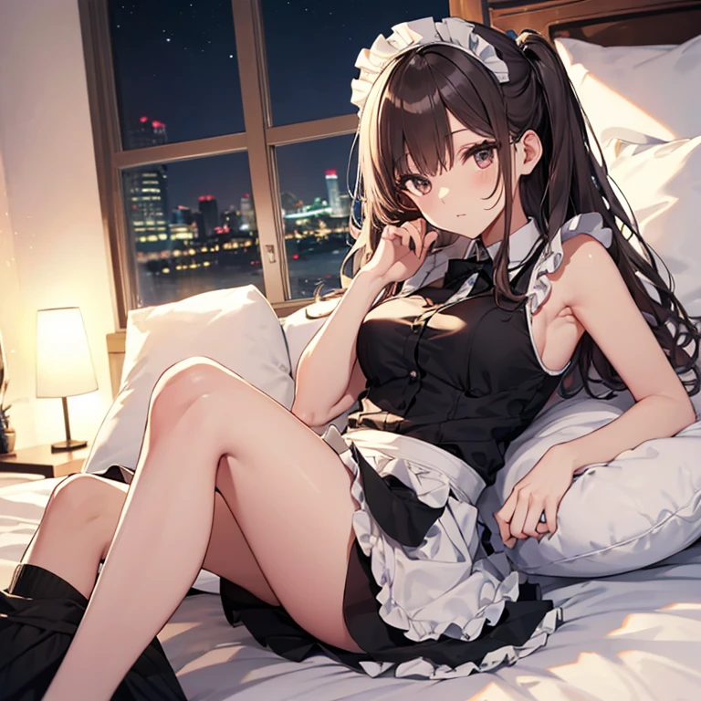 A maid, (in bedroom), various hair styles, night, details face, short skirt, seducing, sleeveless, maid uniform, armpits, laying on bed