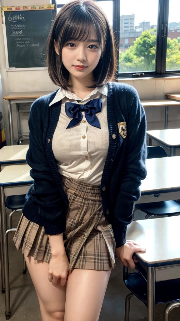 masterpiece, best quality, illustration, Super detailed, fine details, High resolution, 8K,wall paper, perfect dynamic composition,(Details High quality, realistic depiction of eyes:1.3), High School Classroom、High school girl uniform、Cardigan、Super Short Check Uniform Skirt、Navy blue high socks、garterbelts、Colossal tits、Disturbed uniform、short bob hair, black hair color, Big Natural Color Lip, bold sexy pose, (perfect body shape), crying a little、Harajuku style、20 year old girl、cute type, beautiful legs, hposing Gravure Idol, Voluptuous thighs