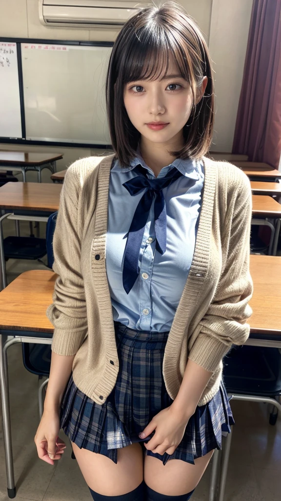 masterpiece, best quality, illustration, Super detailed, fine details, High resolution, 8K,wall paper, perfect dynamic composition,(Details High quality, realistic depiction of eyes:1.3), High School Classroom、High school girl uniform、Cardigan、Super Short Check Uniform Skirt、Navy blue high socks、garterbelts、Colossal tits、Disturbed uniform、short bob hair, black hair color, Big Natural Color Lip, bold sexy pose, (perfect body shape), crying a little、Harajuku style、20 year old girl、cute type, beautiful legs, hposing Gravure Idol, Voluptuous thighs