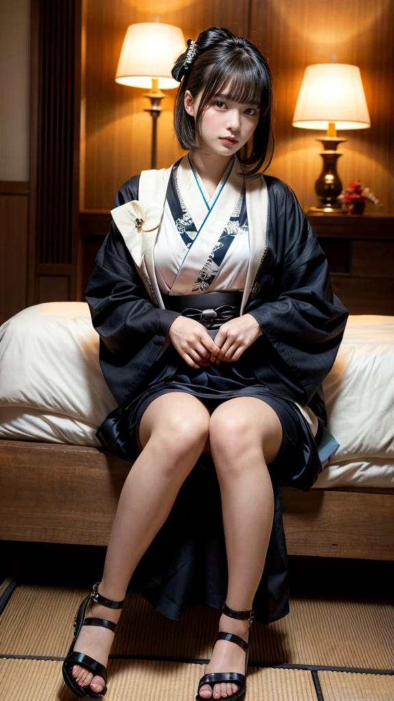 masterpiece, best quality, illustration, Super detailed, fine details, High resolution, 8K,wall paper, perfect dynamic composition,(Details High quality, realistic depiction of eyes:1.3), (idol, kimono:1.3), short hair, (wavy hair:1.2), black hair color, Big Natural Color Lip, bold sexy pose, crying a little、cold gaze, Harajuku style、20 year old girl、cute type、lolita、beautiful legs, hotel room, beautiful legs, full body photo、focus on crotch, hposing Gravure Idol, large breasts, Don't expose it