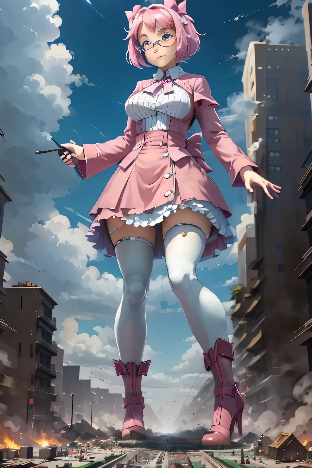 giantess art, highly detailed giantess shots, giantess, Two legs, Five fingers, short hair, A beautiful girl who is bigger than a skyscraper, Wearing rimless glasses, smile, Big Breasts, pink dress, bow, magical girl, magical wand, black pantyhose, pink stiletto heels, Lightning from a wand, Destroying cities, A very small big city, Miniature metropolis, Full body description, GTS, giga giantess, stomping city, crash city, tiny city, micro city, pantyhose feet, High resolution, highest quality, masterpiece,