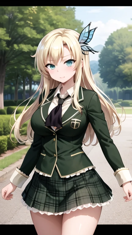masterpiece, best quality, highres, Kashiwazaki Sena, long hair, hair ornament, large breasts, black neckerchief, blazer, green jacket, long sleeves, plaid skirt, green skirt, standing, cowboy shot, outdoors