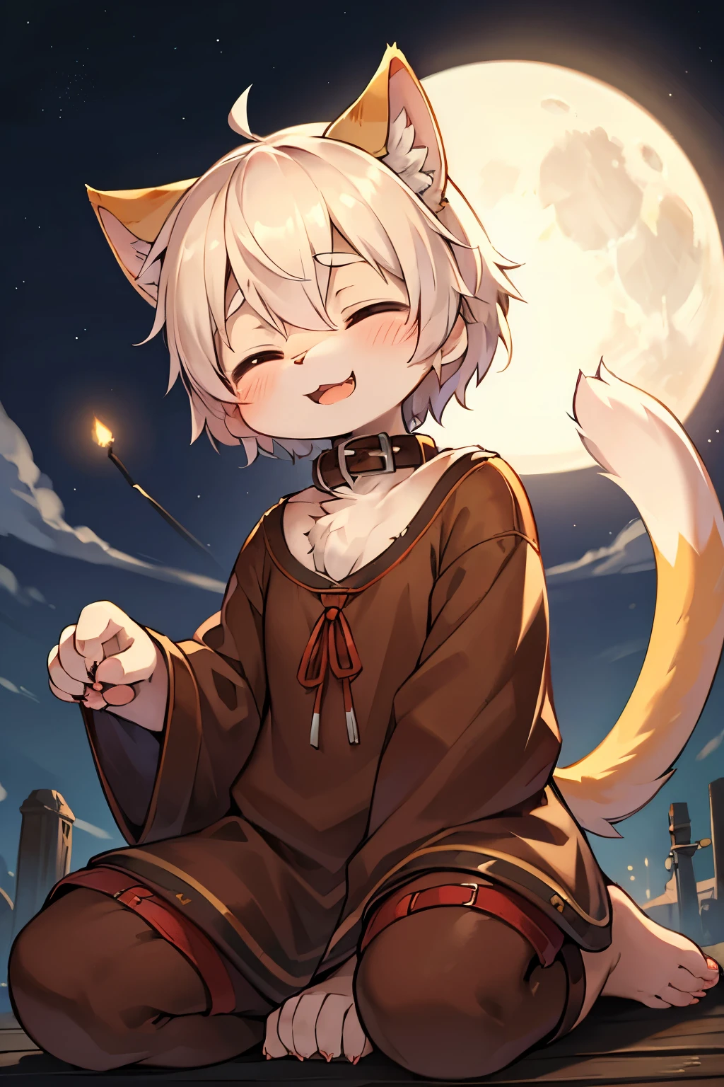 Kemoshota, close-up, paw pose, short height, short statue, cat whiskers, cat tail, smiling, closed eyes, open mouth, blush, tusk, looking up, happy, meoooooooooowwwwww, sacred glowing cat, baggy collar, full moon,
